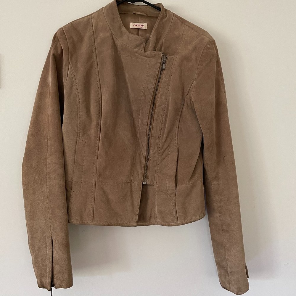 Orsay women's suede fitted light taupe jacket with banded collar, size 40/M